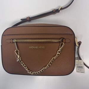 Michael Kors Jet Set large Saffiano Leather Crossbody Bag Brn W/ Gold-Tone Chain